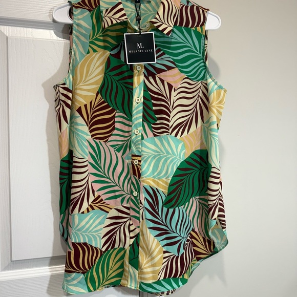 MELANIE LYNE Vibrant Sleeveless Palm Print Blouse Shirt Sz  8 - Picture 14 of 14